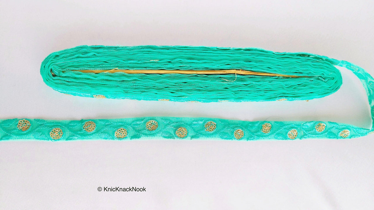 Caribbean Green Net Lace Trim In  Floral Embroidery And Glitter Gold Sequins, , Wedding Trims
