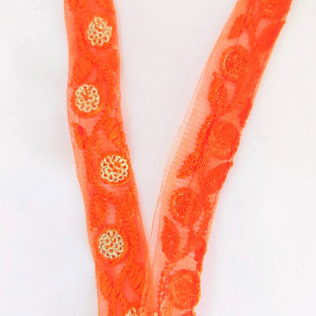 Orange Net Lace Trim In  Floral Embroidery And Glitter Gold Sequins, , Wedding Trims