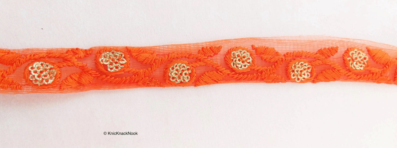 Wholesale Orange Net Lace Trim Floral Embroidery & Glitter Gold Sequins, Indian Wedding Border, Gifting Ribbon Costume Trim Fashion Trimming