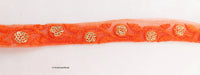 Thumbnail for Orange Net Lace Trim In  Floral Embroidery And Glitter Gold Sequins, , Wedding Trims