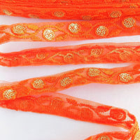 Thumbnail for Wholesale Orange Net Lace Trim Floral Embroidery & Glitter Gold Sequins, Indian Wedding Border, Gifting Ribbon Costume Trim Fashion Trimming