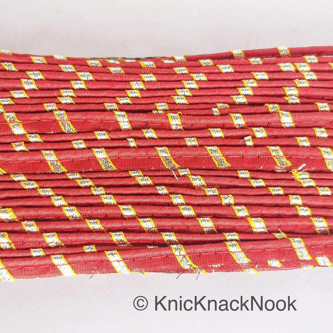 Maroon Red And Gold Stripes Piping Cord Trim, Approx. 8 mm wide, One Yard Trim