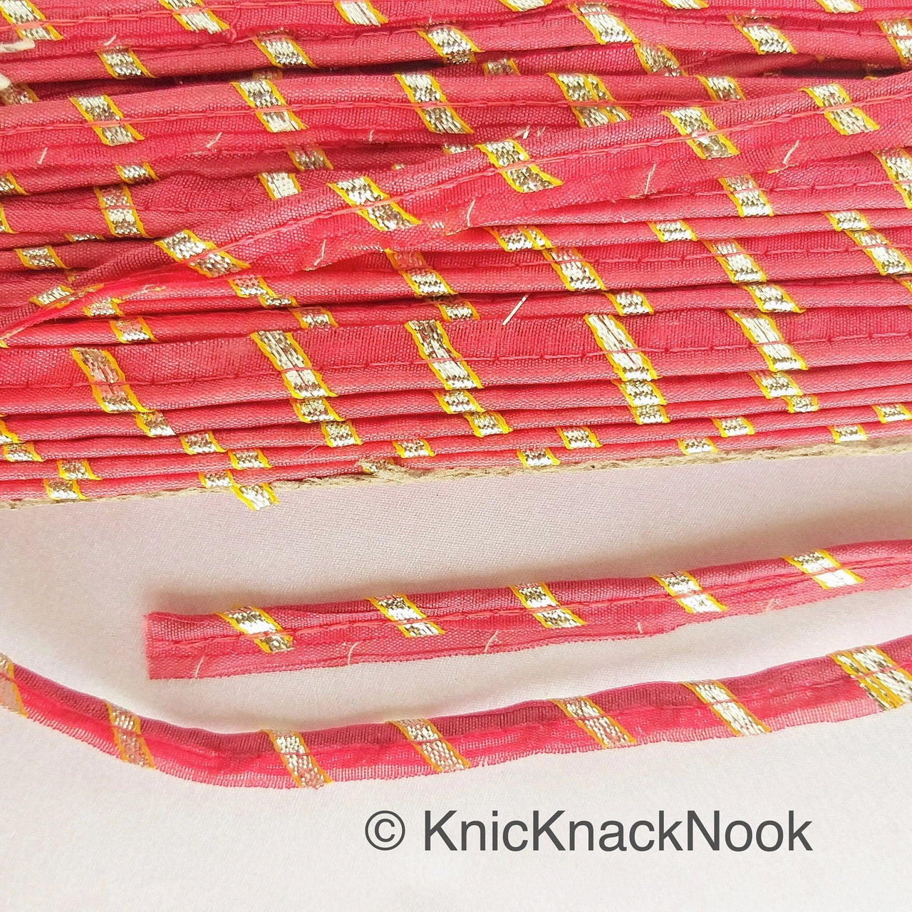 Coral Pink And Gold Stripes Piping Cord Trim, Approx. 8 mm wide, One Yard Trim