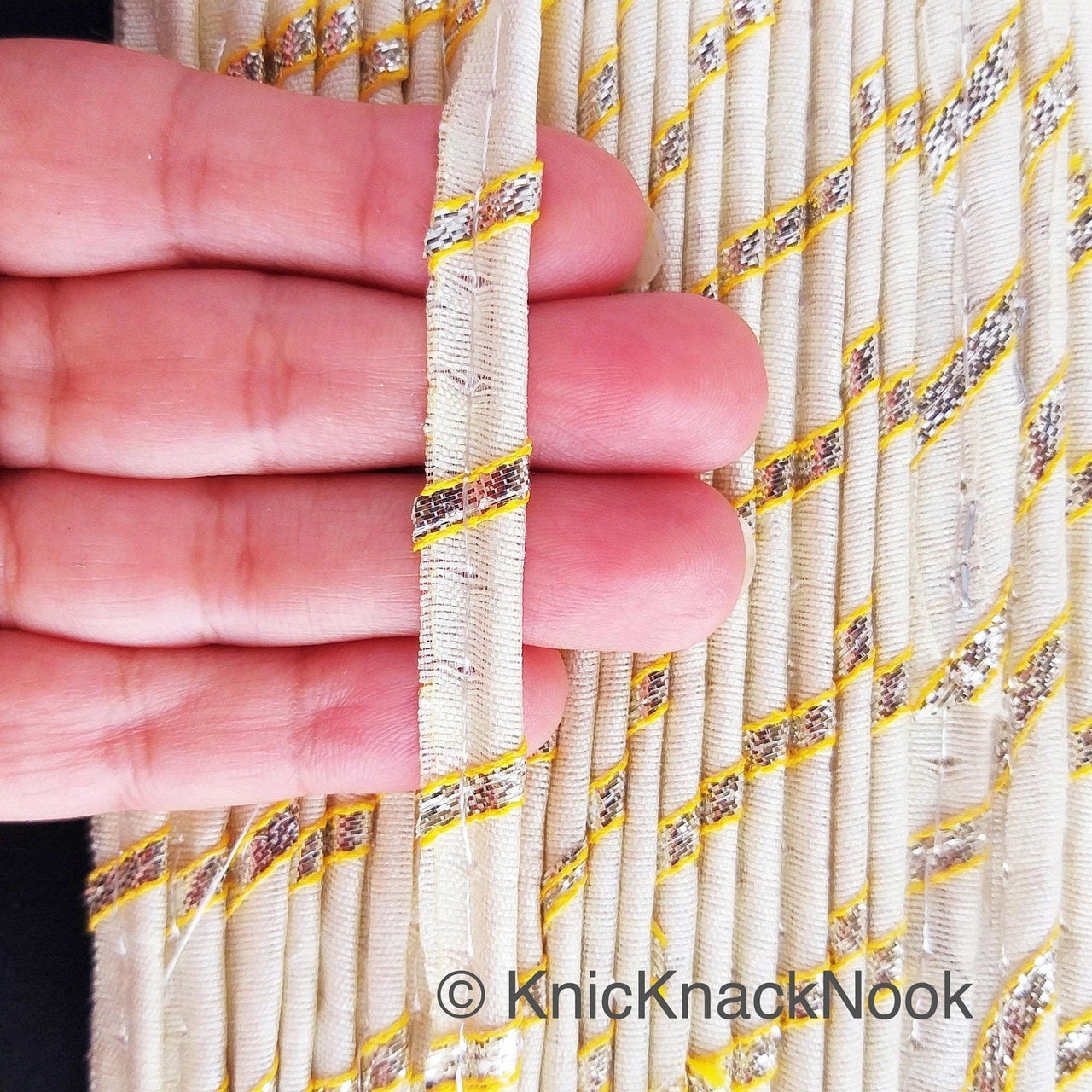 Off White And Gold Stripes Piping Cord Trim, Approx. 8 mm wide, One Yard Trim