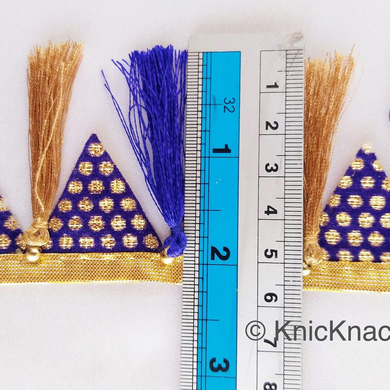 Gold Fringe Bunting Trim In Royal Blue & Gold Check Pattern With Royal Blue And Copper Thread Tassels, Decorative Trim, Tassels Trim