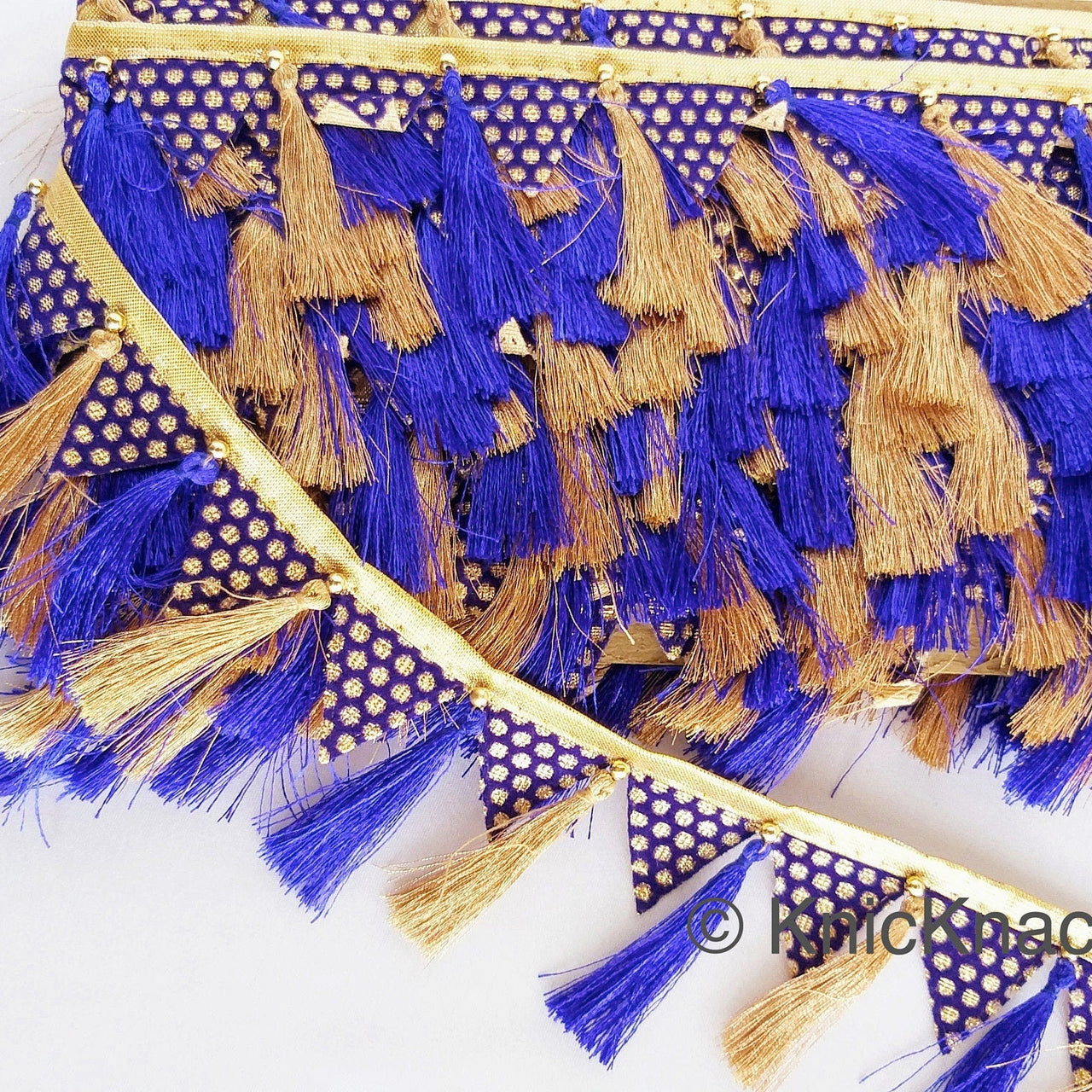 Gold Fringe Bunting Trim In Royal Blue & Gold Check Pattern With Royal Blue And Copper Thread Tassels, Decorative Trim, Tassels Trim