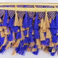 Thumbnail for Gold Fringe Bunting Trim In Royal Blue & Gold Check Pattern With Royal Blue And Copper Thread Tassels, Decorative Trim, Tassels Trim