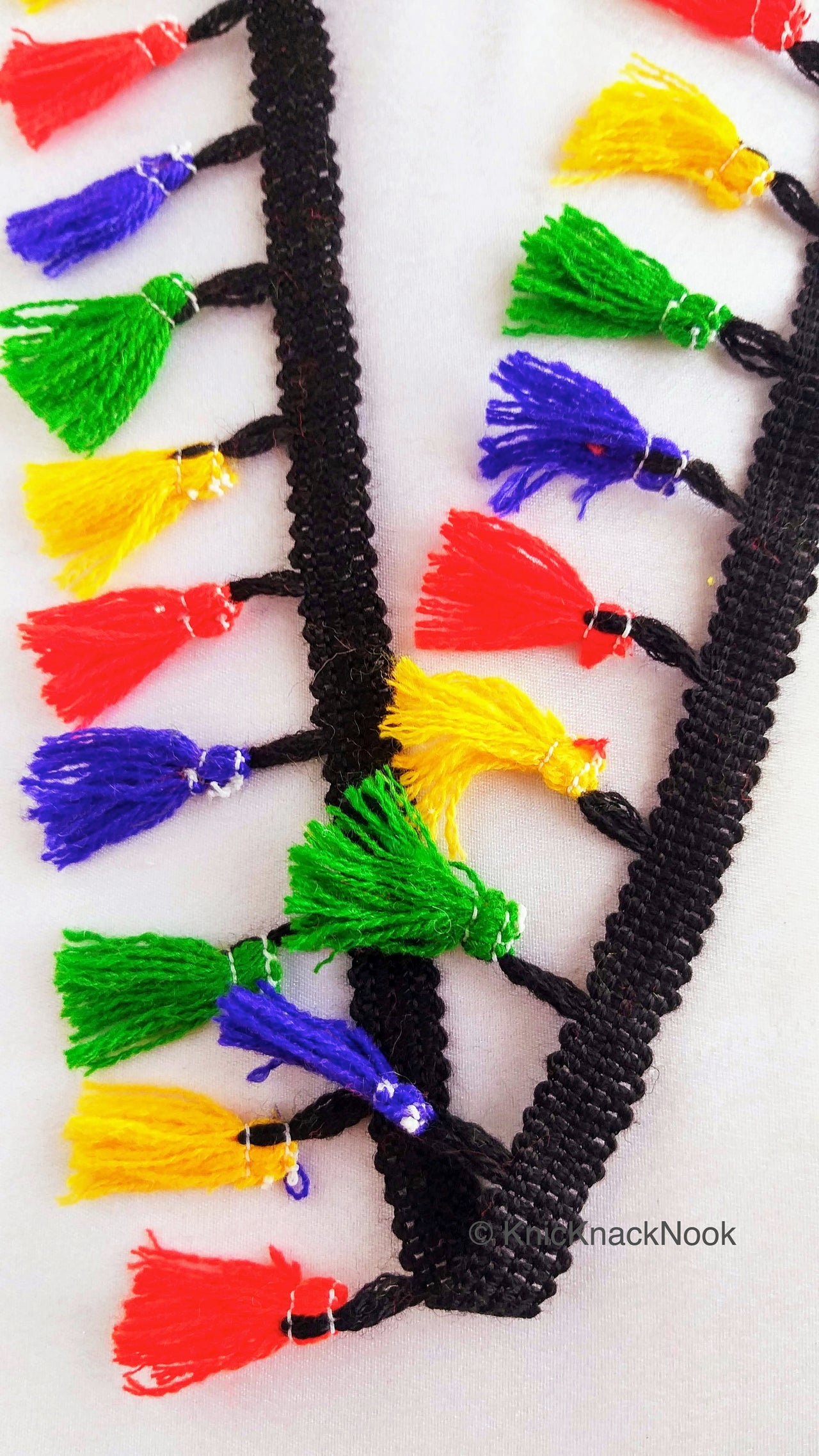 Multicoloured Tassels, Black Threads Fringe Trim