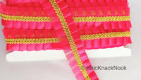 Thumbnail for Watermelon Red Satin And Watermelon Red Net Fabric Trim With Gold Embroidery Trimming, Pleated Lace,  Trim