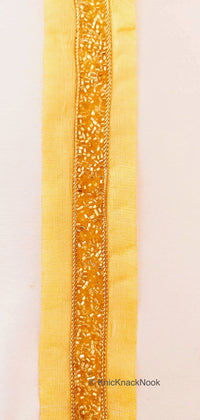 Thumbnail for Wholesale Beige Fabric Trim With Gold Seed Beads And Gold Bugle Beads, Beaded Trim, 