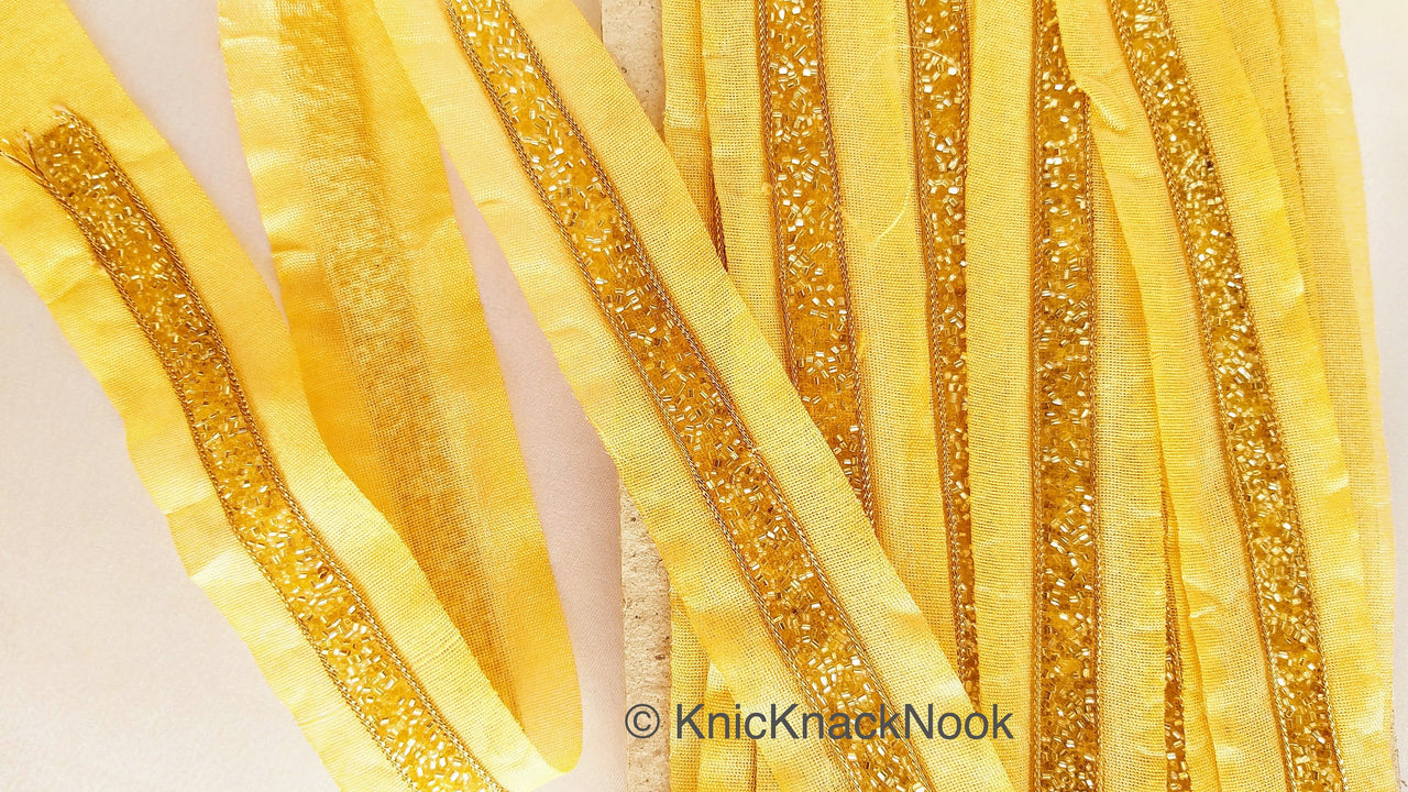 Wholesale Beige Fabric Trim With Gold Seed Beads And Gold Bugle Beads, Beaded Trim, 