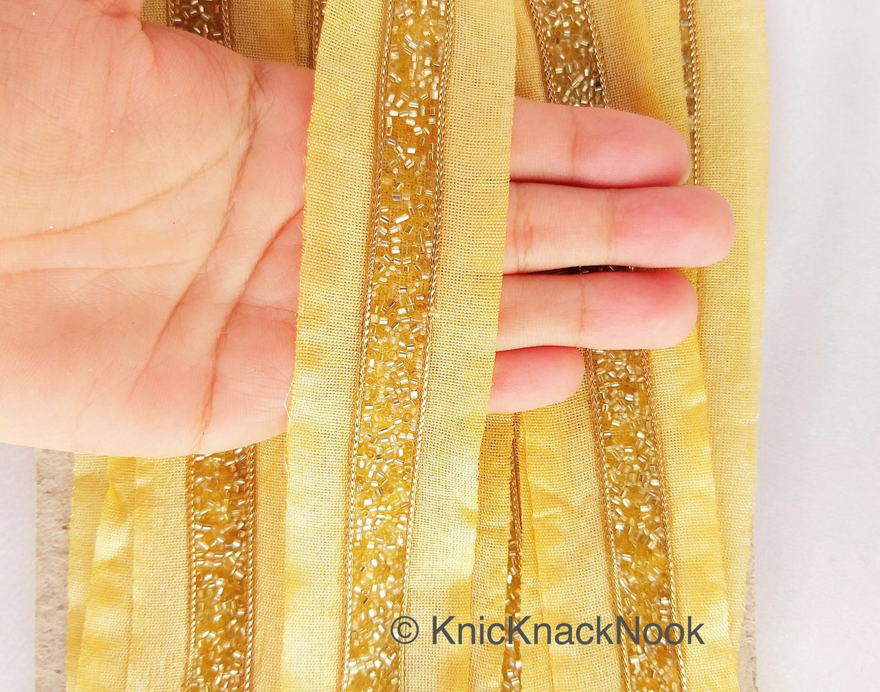 Wholesale Beige Fabric Trim With Gold Seed Beads And Gold Bugle Beads, Beaded Trim, 