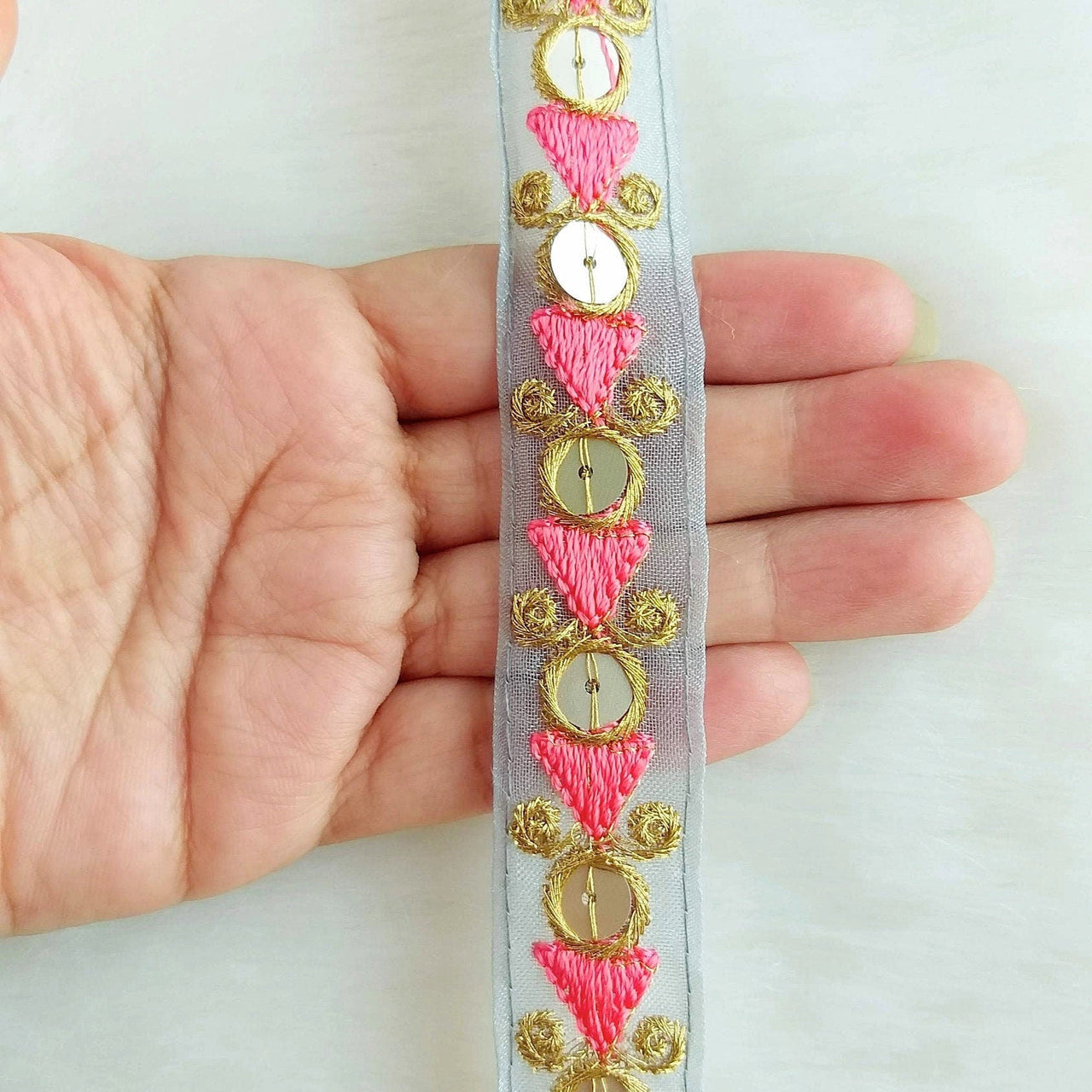 Grey Tissue Fabric Trim with Pink & Gold Embroidery With Gold Sequins, , Lace Trim By 2 Yards Indian Decorative Trim