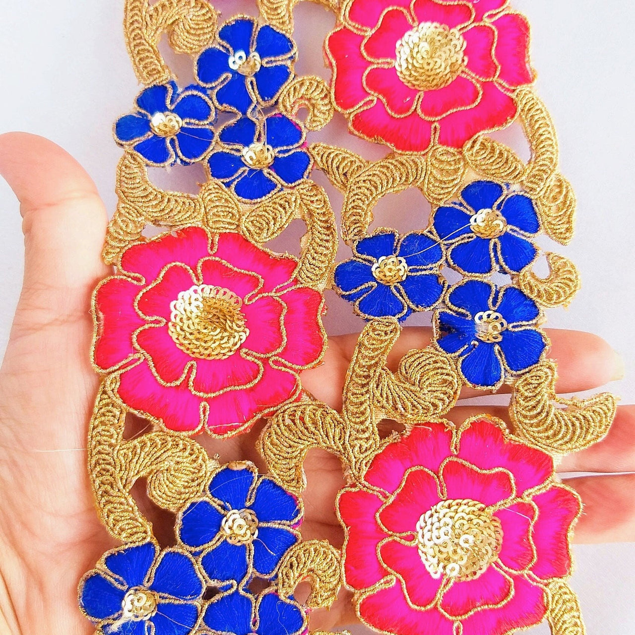 Floral Embroidery Indian Trim With Gold Sequins, Fuchsia Pink, Blue & Gold