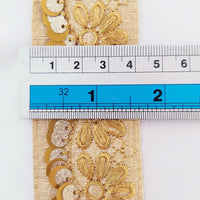 Thumbnail for Indian Sari Trim, Beige Art Silk Fabric With Gold Thread Embroidered Flowers Trim, Gold Sequins