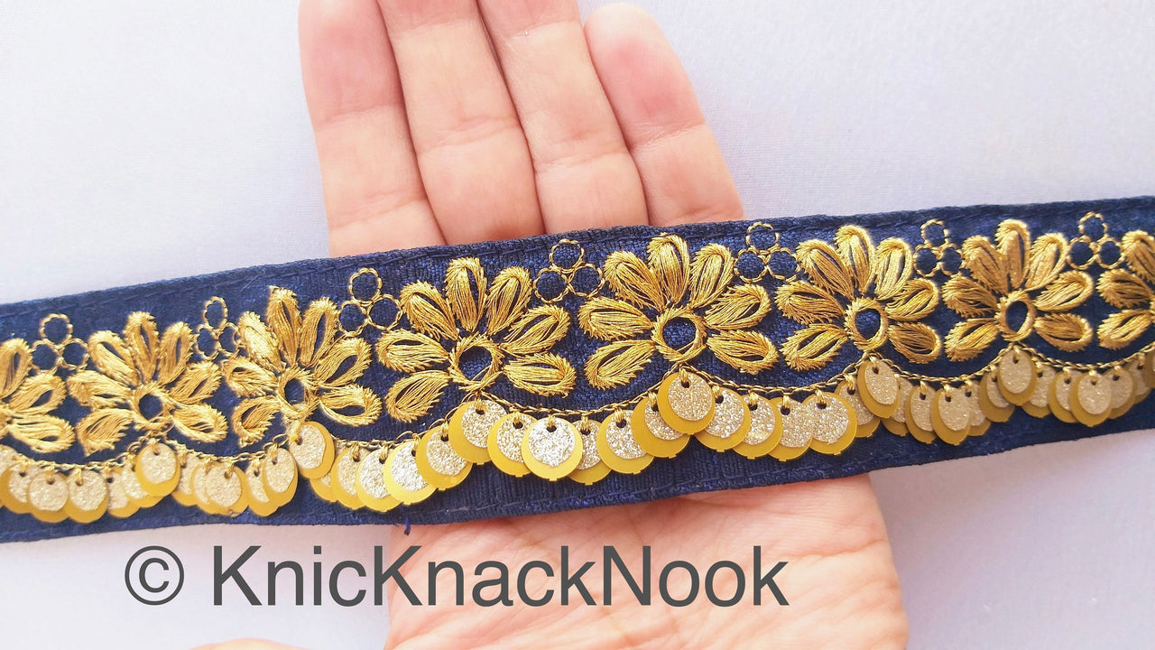 Indian Sari Trim, Blue Art Silk Fabric With Gold Thread Embroidered Flowers Trim, Gold Sequins