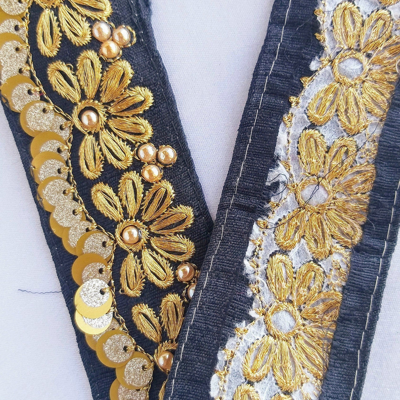 Indian Sari Trim, Black Art Silk Fabric With Gold Thread Embroidered Flowers Trim, Gold Sequins And Beads