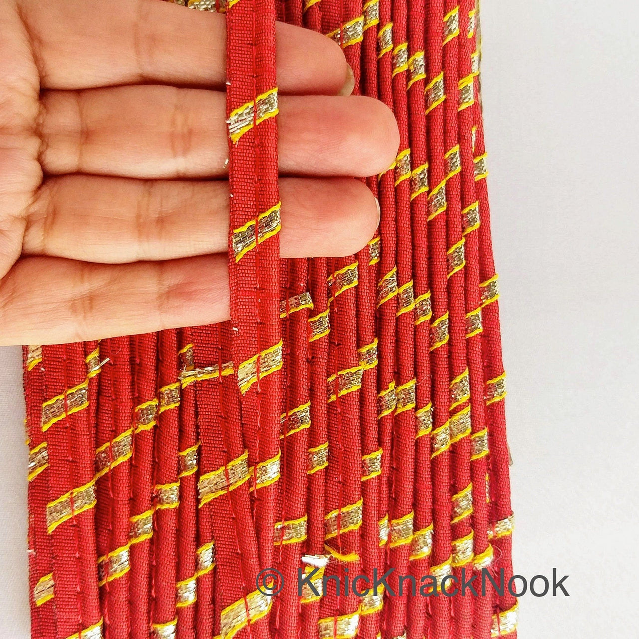 Maroon Red And Gold Stripes Piping Cord Trim, Approx. 8 mm wide, One Yard Trim