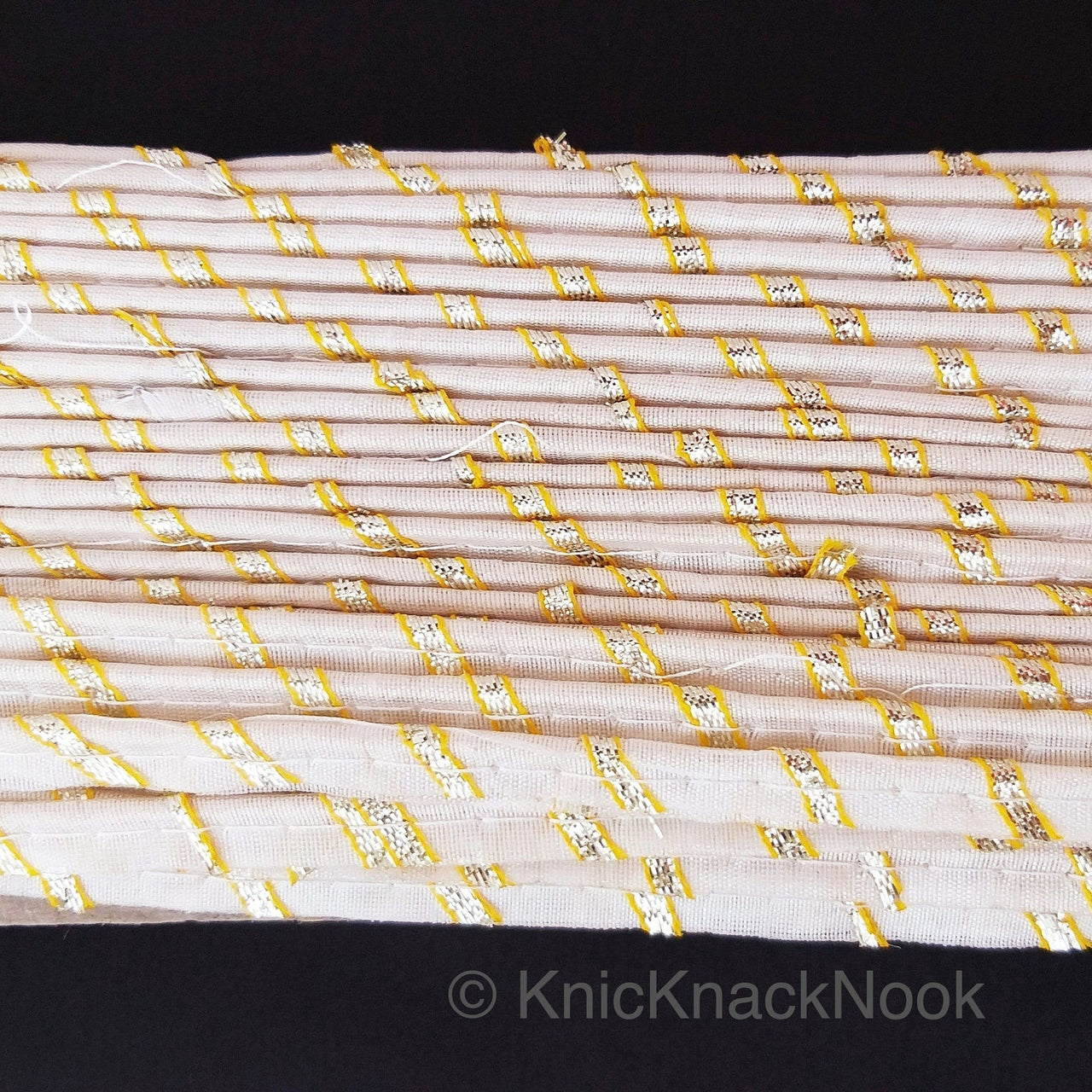 White And Gold Stripes Piping Cord Trim, Approx. 8 mm wide, One Yard Trim