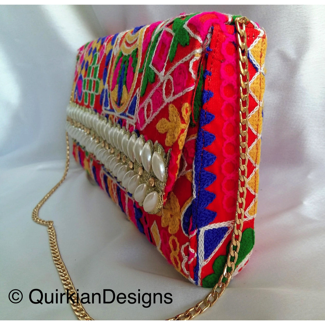 Red Fabric Clutch Purse With Floral Embroidery In Green, Yellow, Blue And Pink Threadwork & Pearl Beads Detail, Wedding Clutch, Boho Clutch