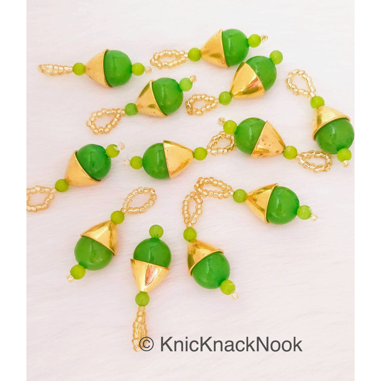 Green Beads Tassels Latkan, Indian Antique Distressed Latkans, Gold Beaded Danglers
