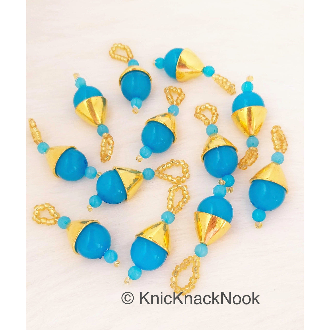 Blue Bead Tassels Latkan, Indian Antique Distressed Latkans, Gold Beaded Danglers