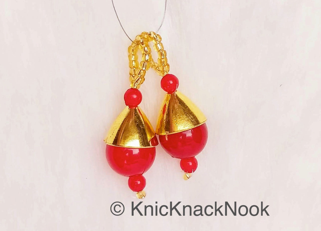 Red Bead Tassels Latkan, Indian Antique Distressed Latkans, Gold Beaded Danglers