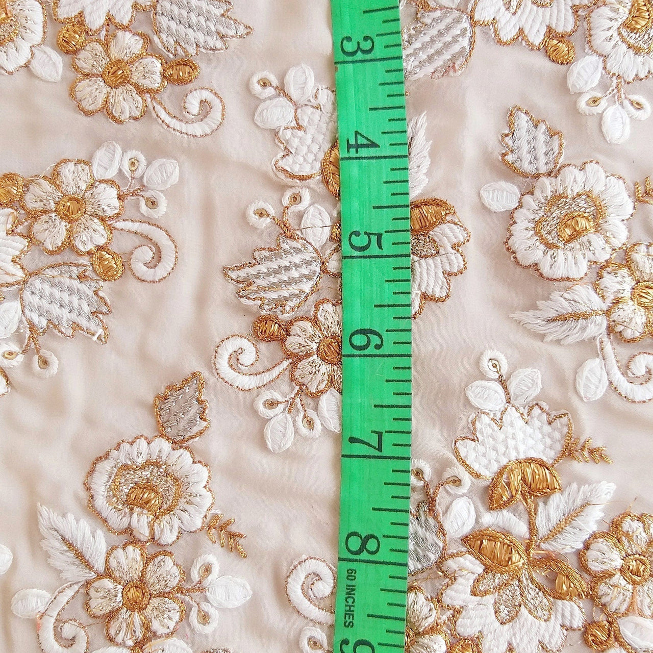 Beige Lace With Floral Embroidery In Off White And Bronze Work, Embroidered Trim, 1 Yard Trim