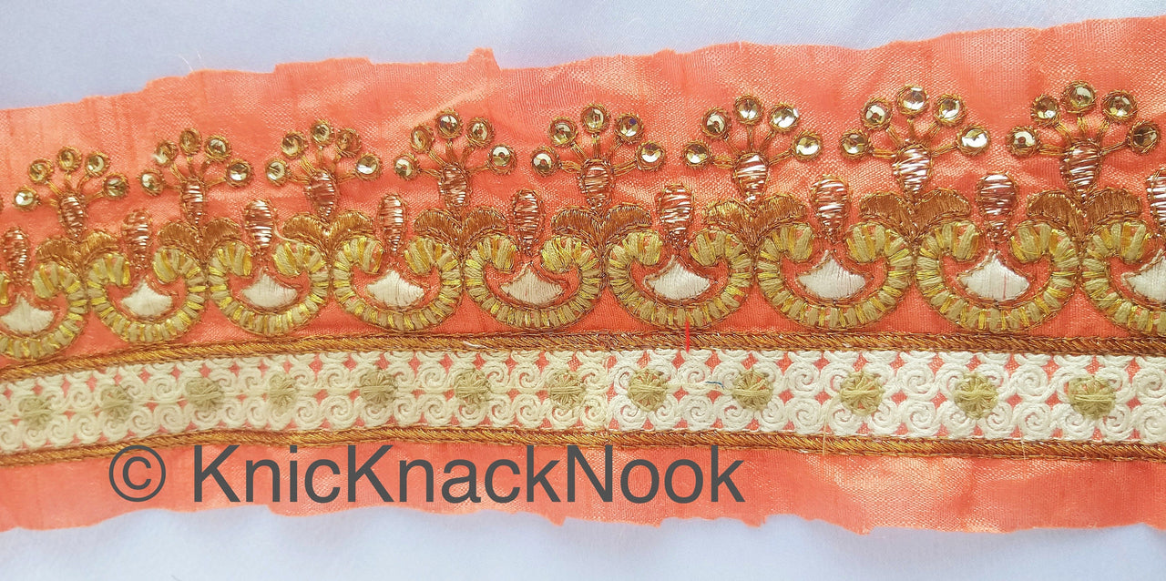 Salmon Pink Art Silk Fabric Trim With Gold Zari Embroidery and Gold Sequins, Trim By The Yard, 