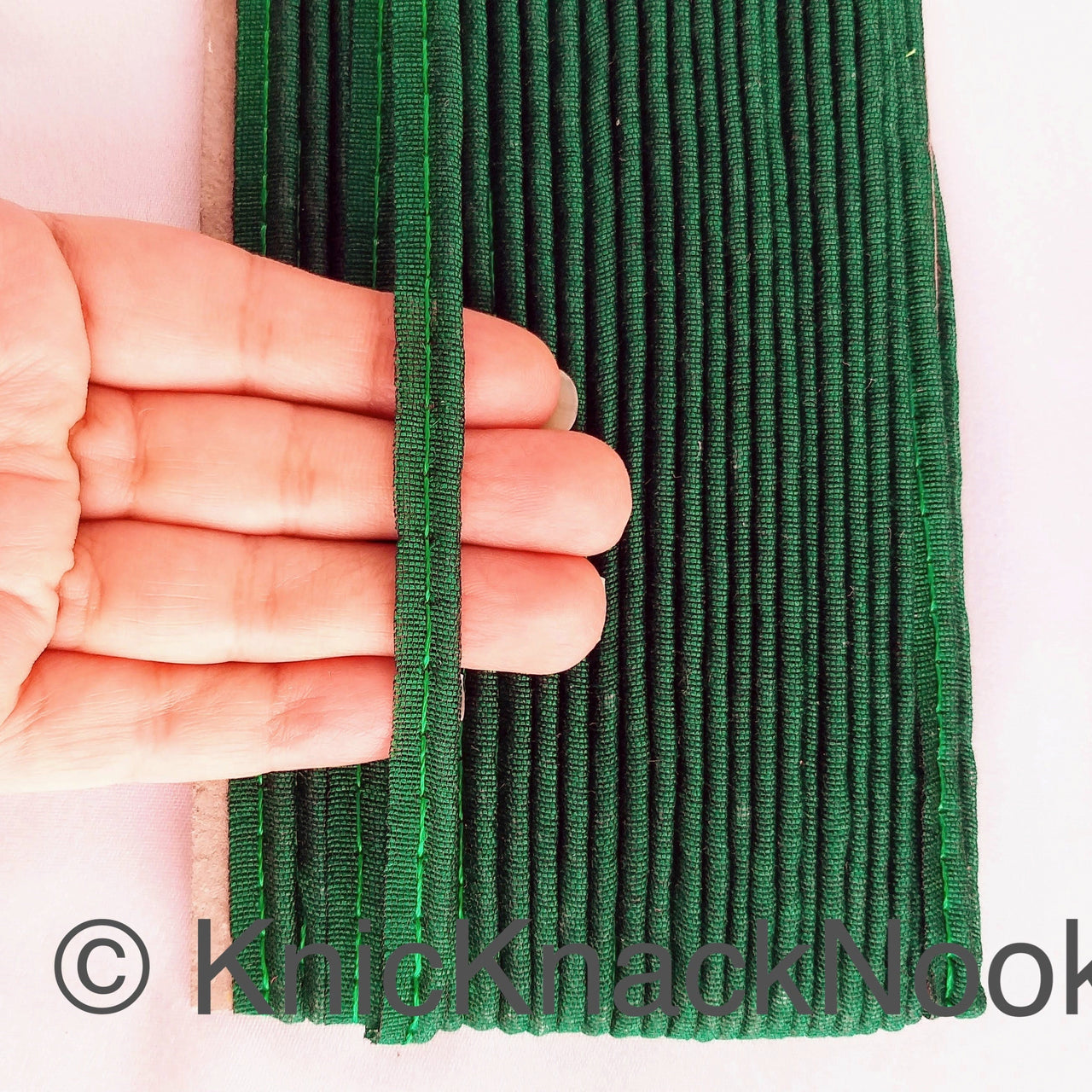 2mm Flanged Insertion Piping on 9mm Band, Green Art Silk Fabric Trim, Cord piping Trim