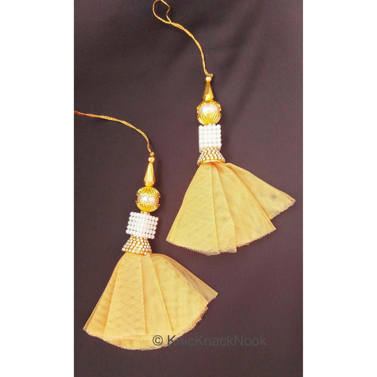 Net Tassels Latkan With Gold And Pearl Beads, Diamante, Crystal Latkan