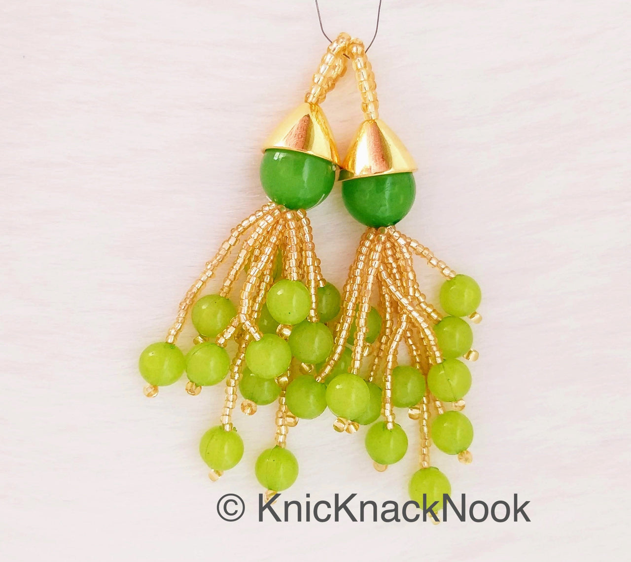 Green Beads Tassels Latkan, Indian Antique Distressed Latkans, Gold Beaded Danglers