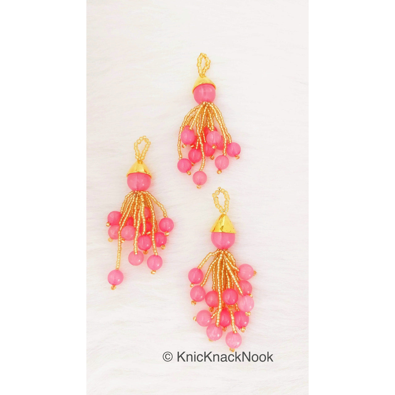 Pink Beads Tassels Latkan, Indian Antique Distressed Latkans, Gold Beaded Danglers