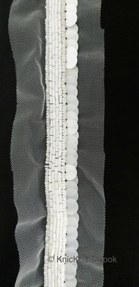 Thumbnail for White Net Lace With White Sequins and Beads, Exclusive Laces, Sequinned Trimming