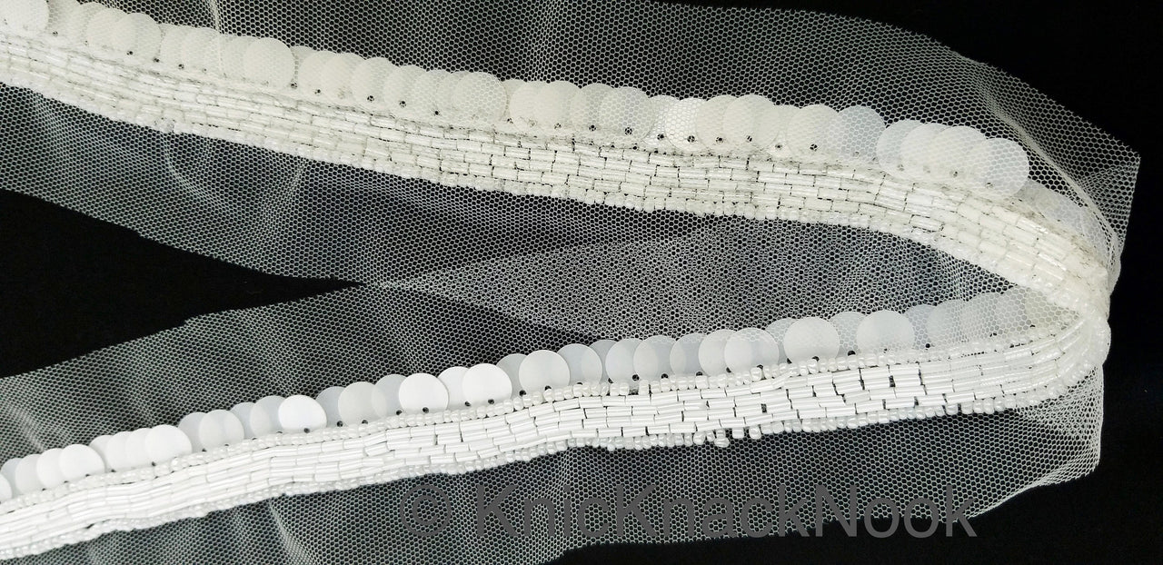 White Net Lace With White Sequins and Beads, Exclusive Laces, Sequinned Trimming