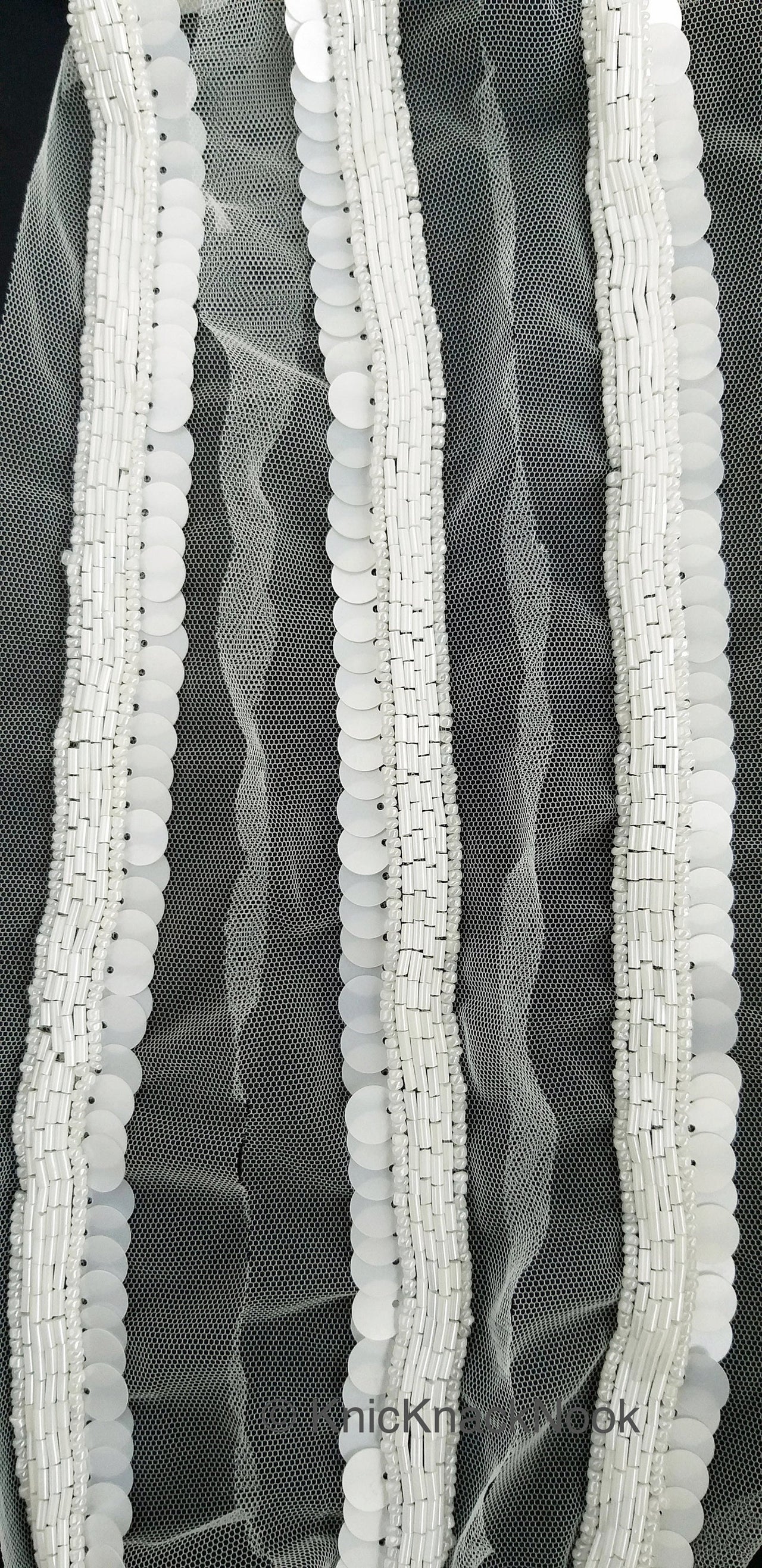 White Net Lace With White Sequins and Beads, Exclusive Laces, Sequinned Trimming