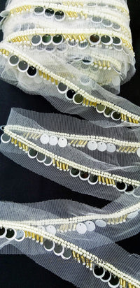 Thumbnail for White Net Lace With Black & White Sequins and Beads, Exclusive Laces, Sequinned Trimming