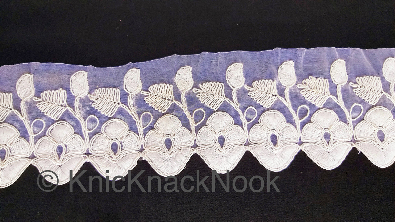 White Tissue Fabric Trim With Embroidered Flowers, One Yard Lace Trims, 