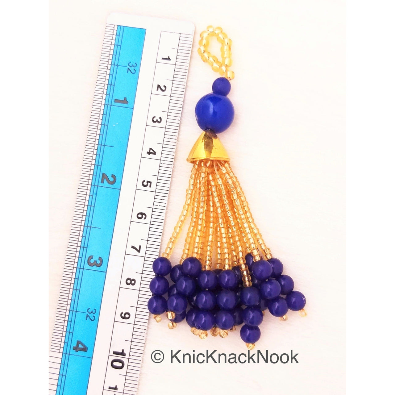 Blue and Gold Beads Tassels Latkan, Indian Latkans, Gold Beaded Danglers
