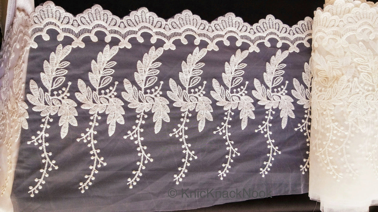 White Net Trim With Beautiful Floral Embroidery, Approx. 10.5 Inches wide, Lace Trim