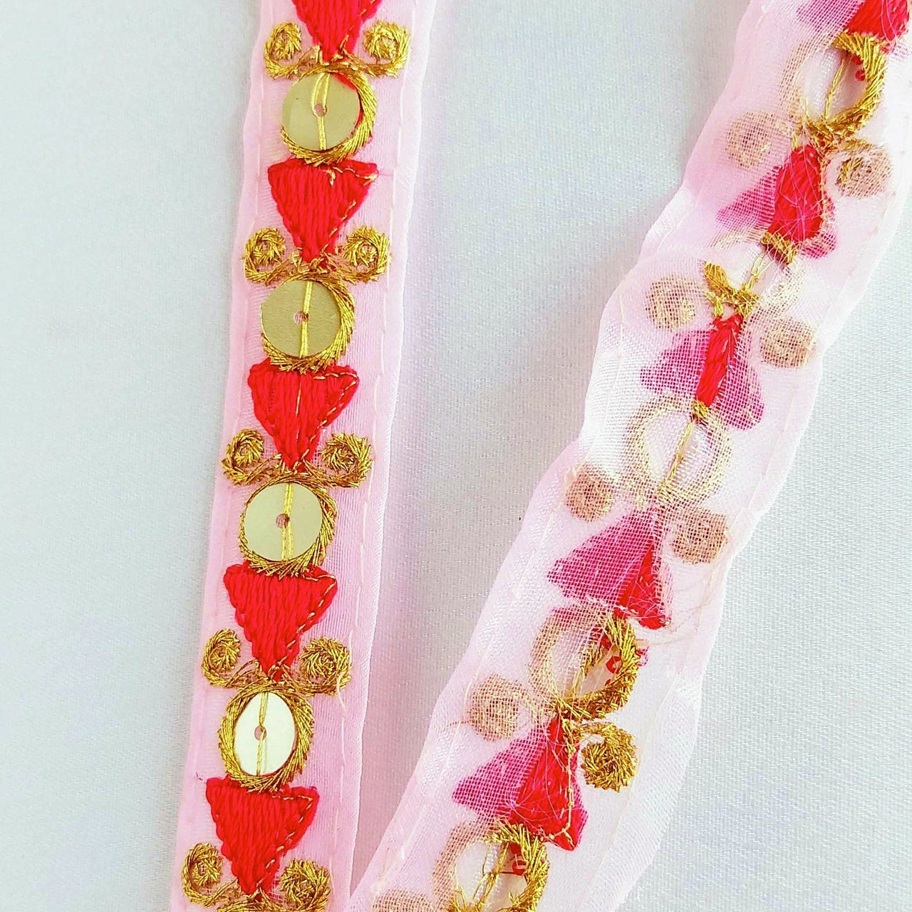 Pink Tissue Fabric Trim with Red & Gold Embroidery With Gold Sequins, , Lace Trim By 2 Yards Indian Decorative Trim
