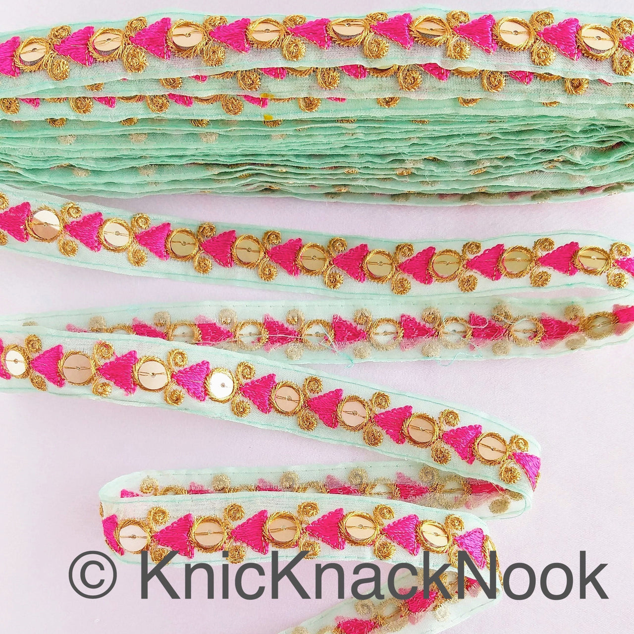 Mint Green Tissue Fabric Trim In Pink & Gold Embroidery With Gold Sequins, , Lace Trim By 2 Yards Indian Decorative Trim