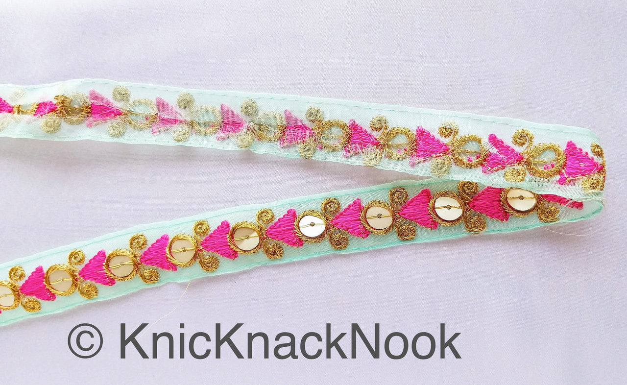 Mint Green Tissue Fabric Trim In Pink & Gold Embroidery With Gold Sequins, , Lace Trim By 2 Yards Indian Decorative Trim