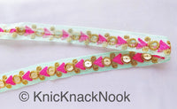 Thumbnail for Mint Green Tissue Fabric Trim In Pink & Gold Embroidery With Gold Sequins, , Lace Trim By 2 Yards Indian Decorative Trim