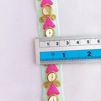 Thumbnail for Mint Green Tissue Fabric Trim In Pink & Gold Embroidery With Gold Sequins, , Lace Trim By 2 Yards Indian Decorative Trim