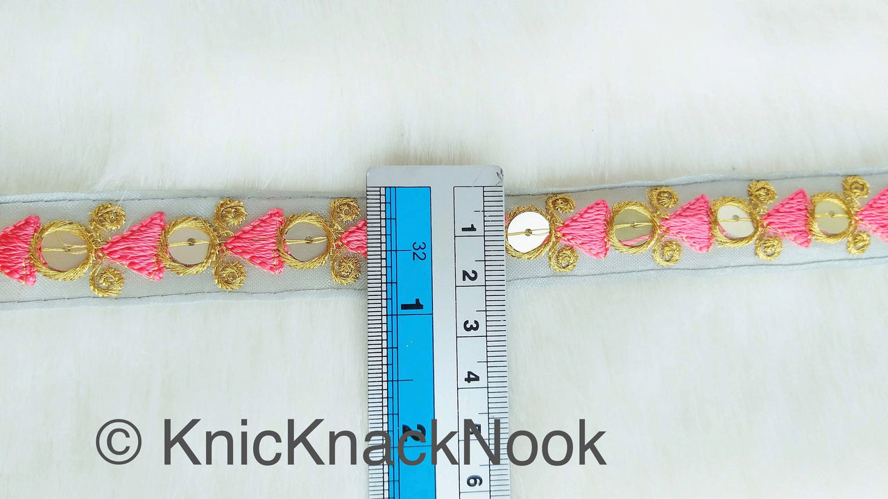 Grey Tissue Fabric Trim with Pink & Gold Embroidery With Gold Sequins, , Lace Trim By 2 Yards Indian Decorative Trim