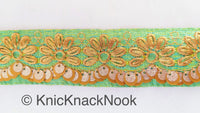 Thumbnail for Indian Sari Trim, Green Art Silk Fabric With Gold Thread Embroidered Flowers Trim, Gold Sequins