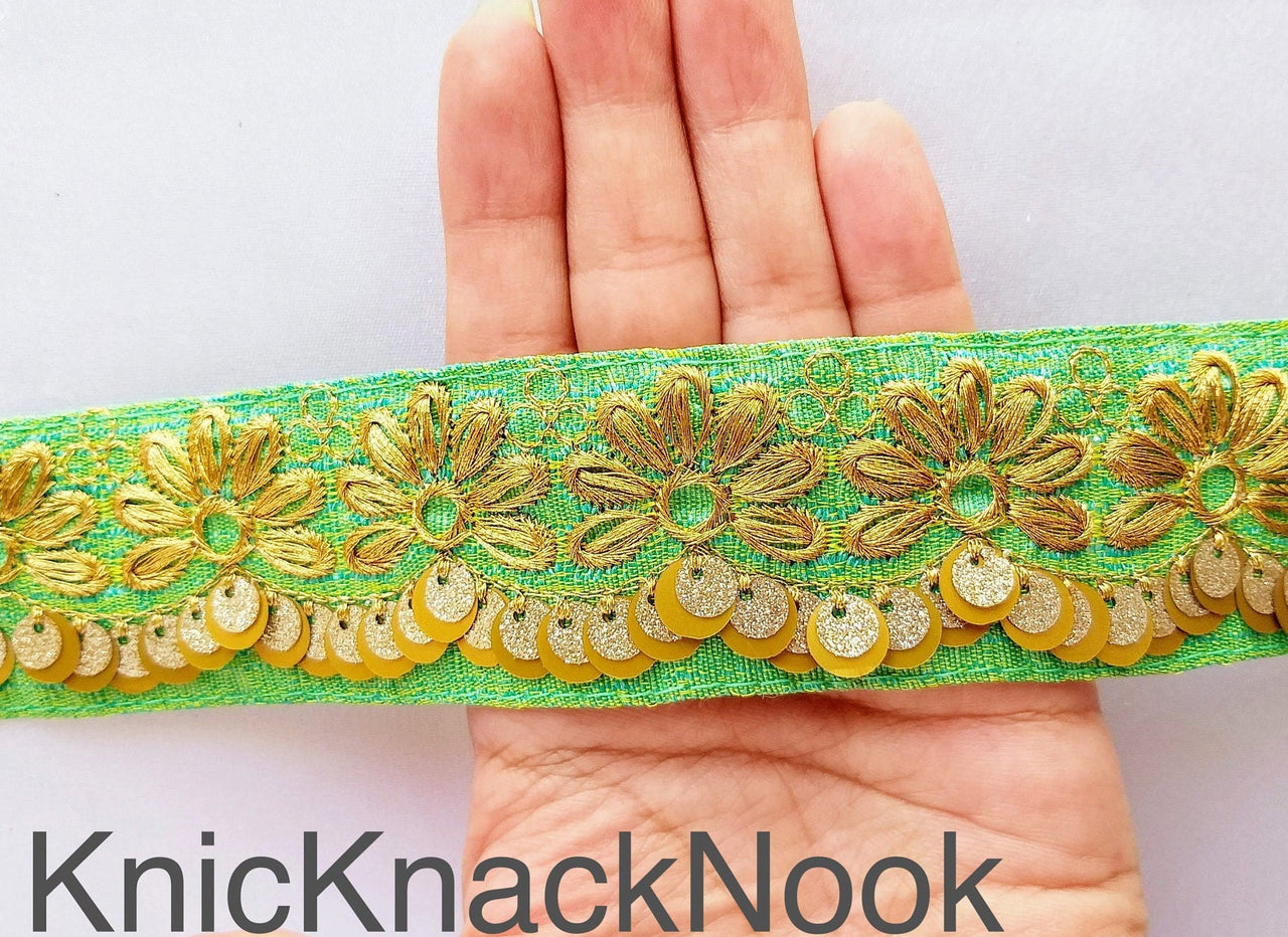 Indian Sari Trim, Green Art Silk Fabric With Gold Thread Embroidered Flowers Trim, Gold Sequins