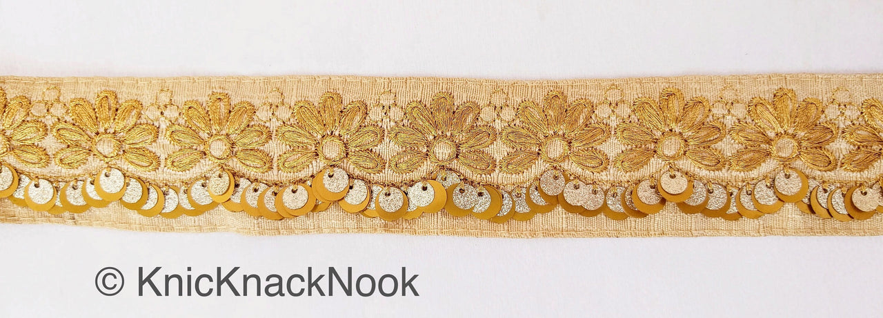 Indian Sari Trim, Beige Art Silk Fabric With Gold Thread Embroidered Flowers Trim, Gold Sequins