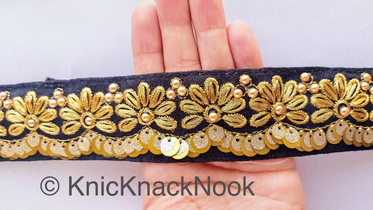 Indian Sari Trim, Black Art Silk Fabric With Gold Thread Embroidered Flowers Trim, Gold Sequins And Beads